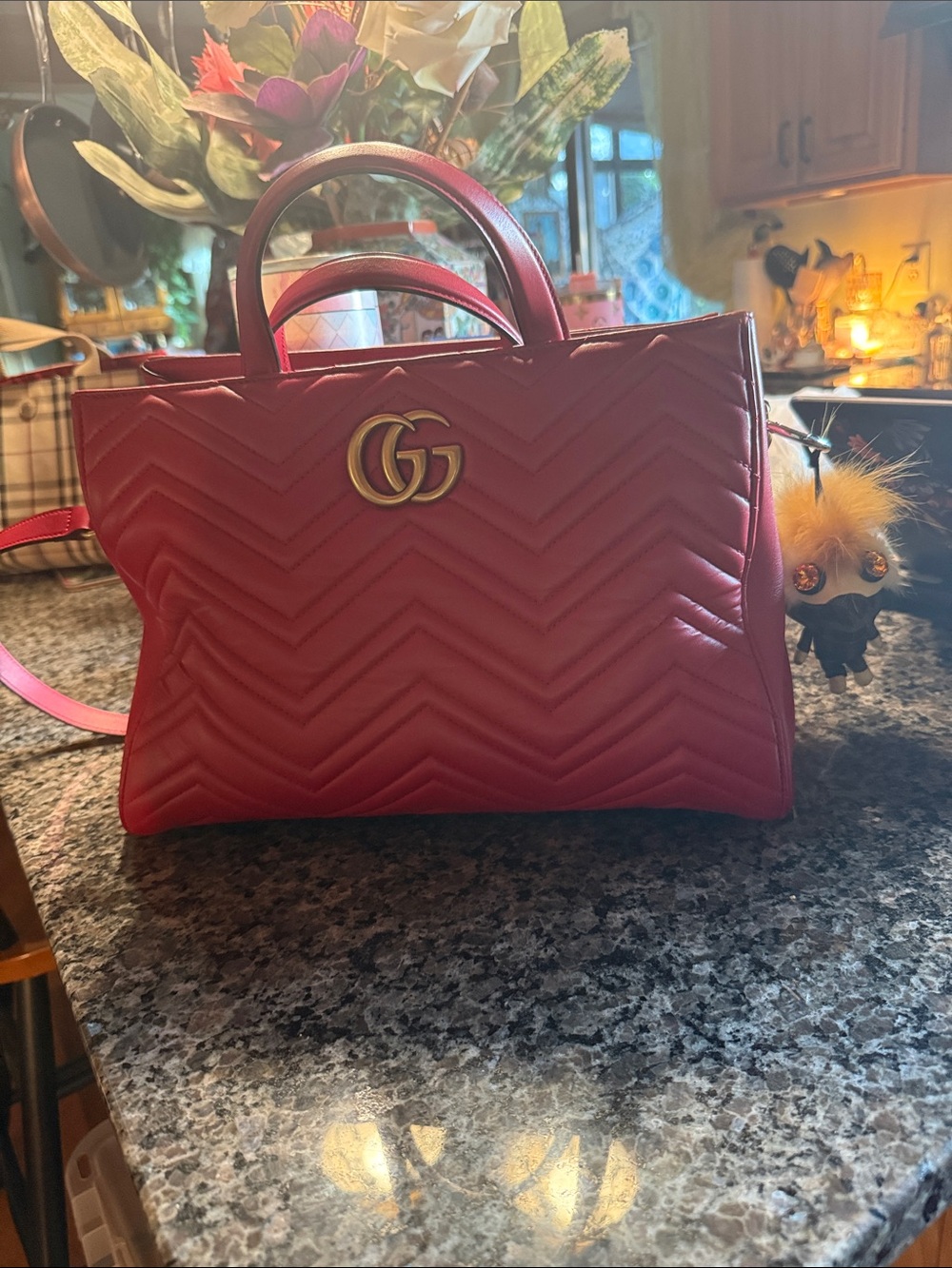 Gucci Red Chevron Quilted Leather Tote with Double G